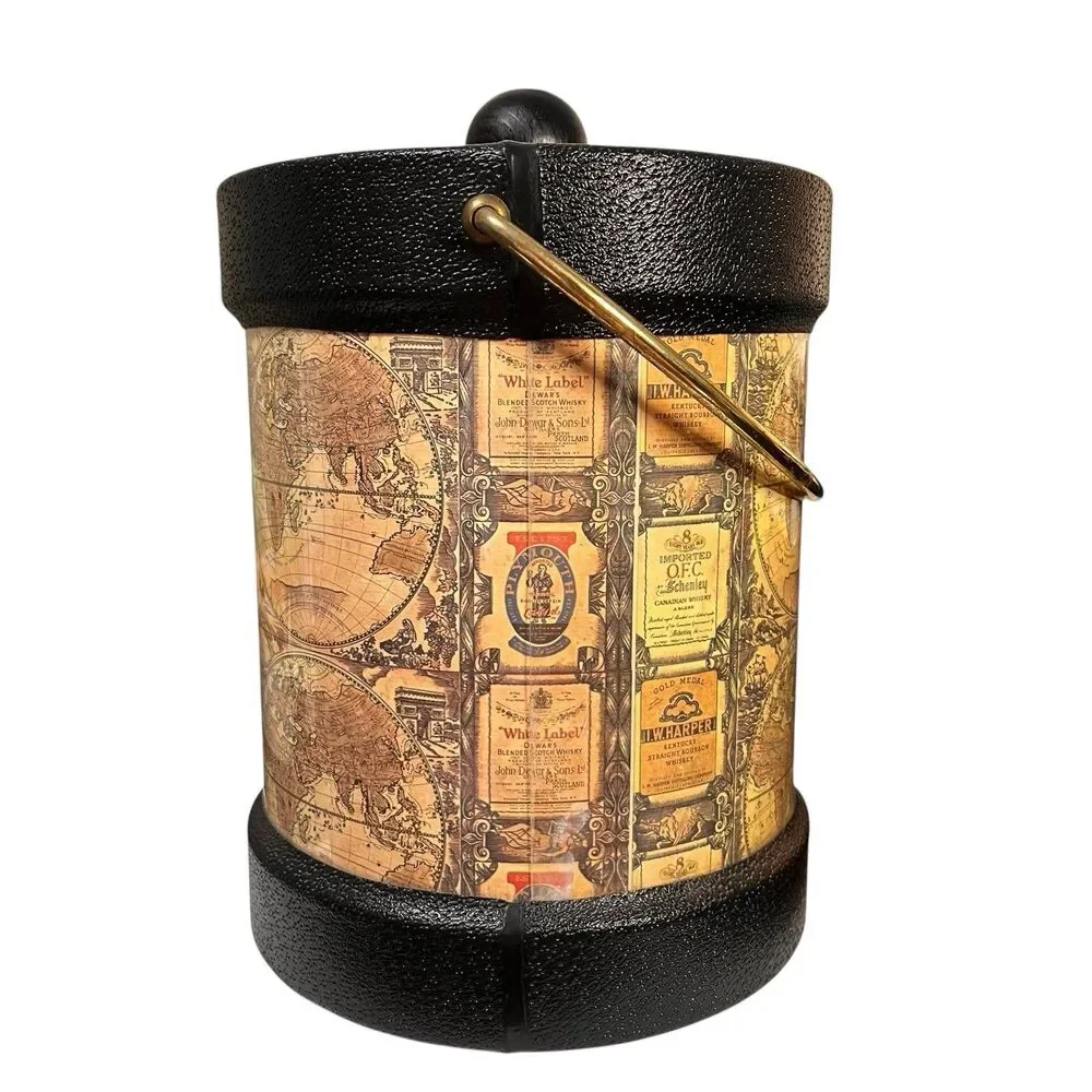 Kraftware Ice Bucket World Map Alcohol Advertising Man Cave USA Barware Vintage